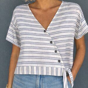 Linen blend blouse by Message Factory, crossover with side tie